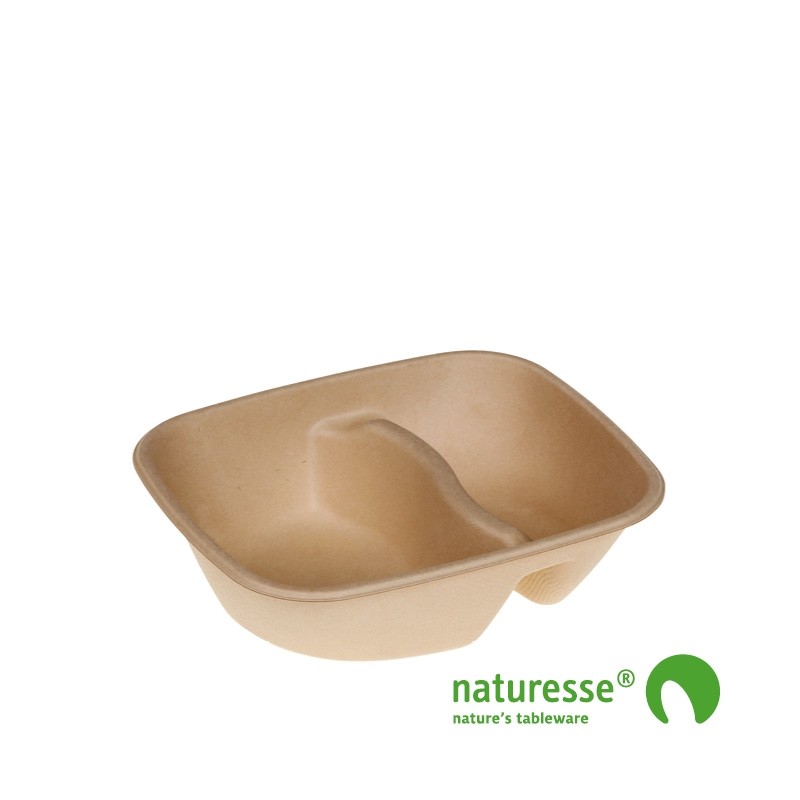 Sukkerrørsfiber Bakke ”Natur”, 2-rum (19,5x17x5,6cm/780ml) - 100 stk pk